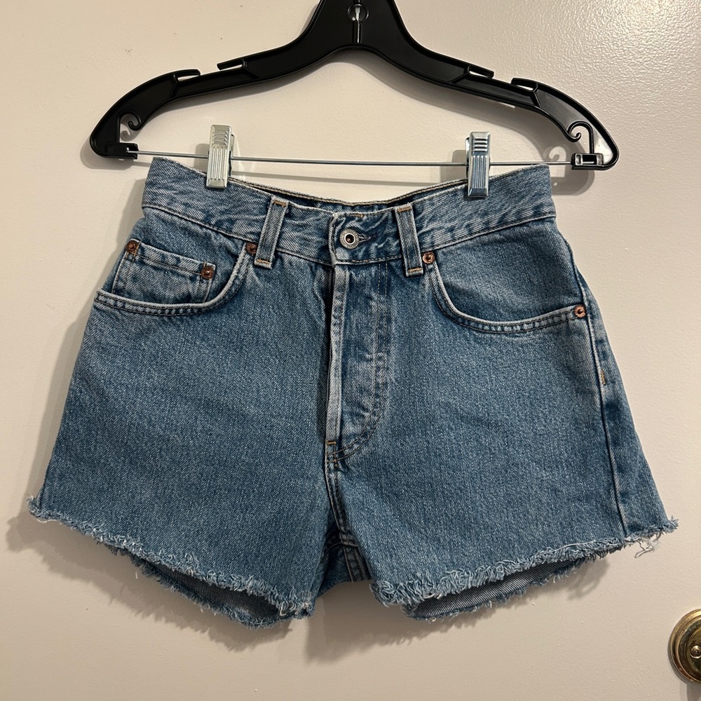 Vintage Mustang Frayed Hem Denim Shorts - Light Blue